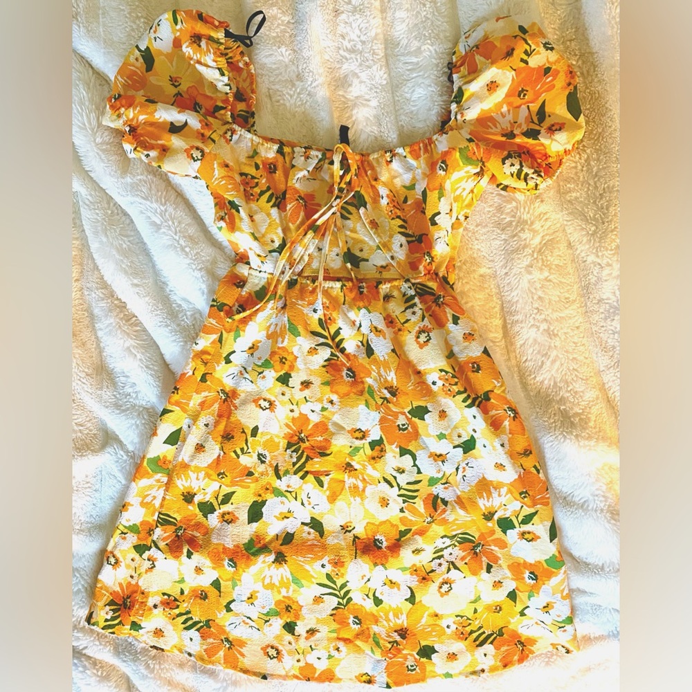 Orange floral Puff Sleeve dress